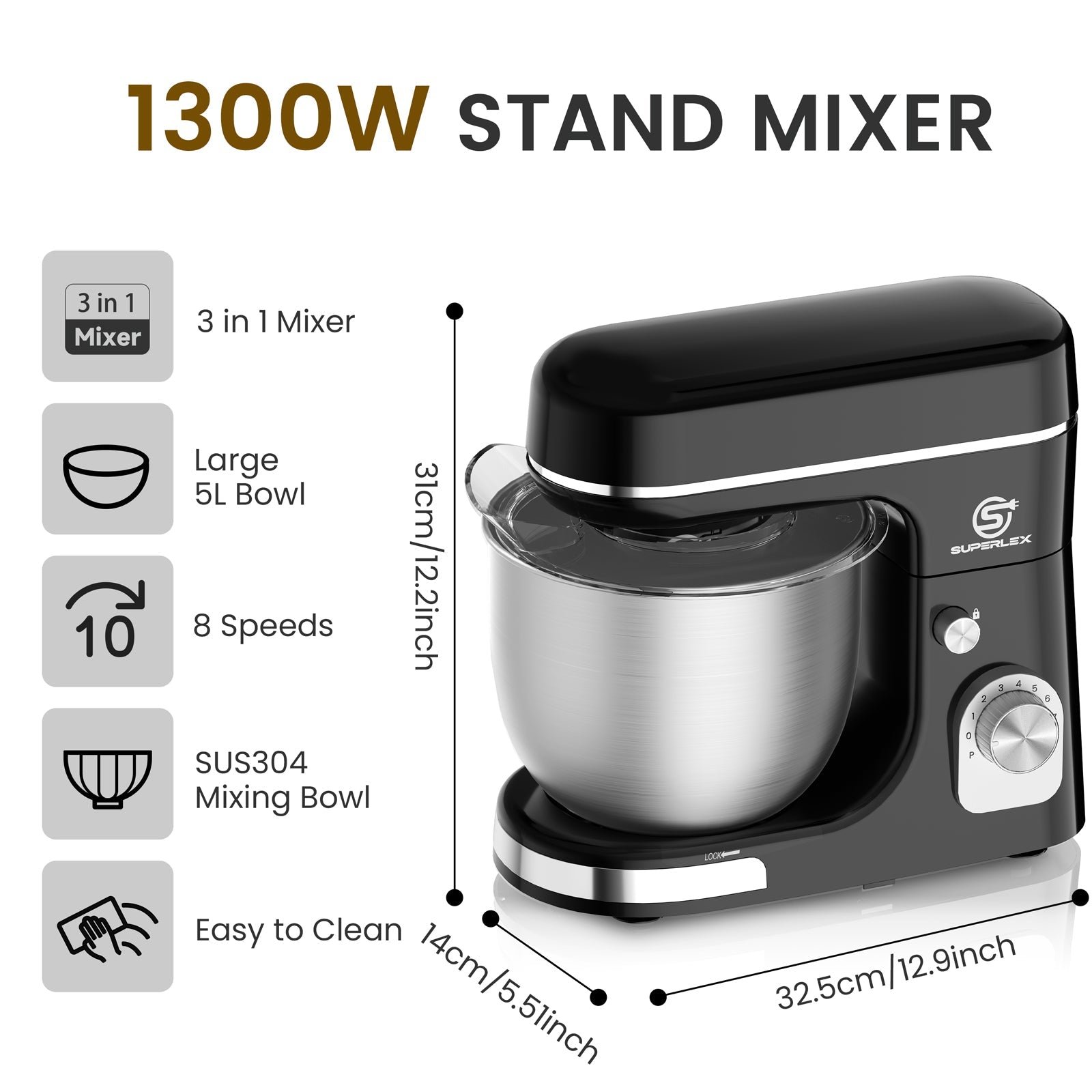 5L Stand Mixer with 1300W Motor & Multi-Function Attachments - Image 6