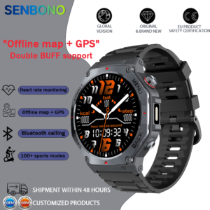 SENBONO Men's Smartwatch V20 with GPS + offline map 1.43-inch touchscreen dual-mode Bluetooth calling instant connection multiple sports modes Ideal for sports and fitness